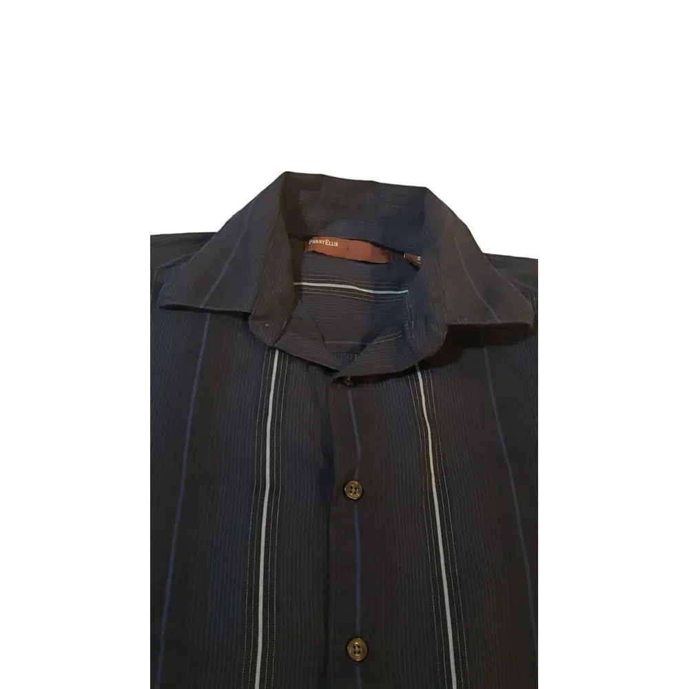 Perry Ellis Shirt Size S Button Up Long Sleeve‎ 100% Cotton Top Black W/ Stripes